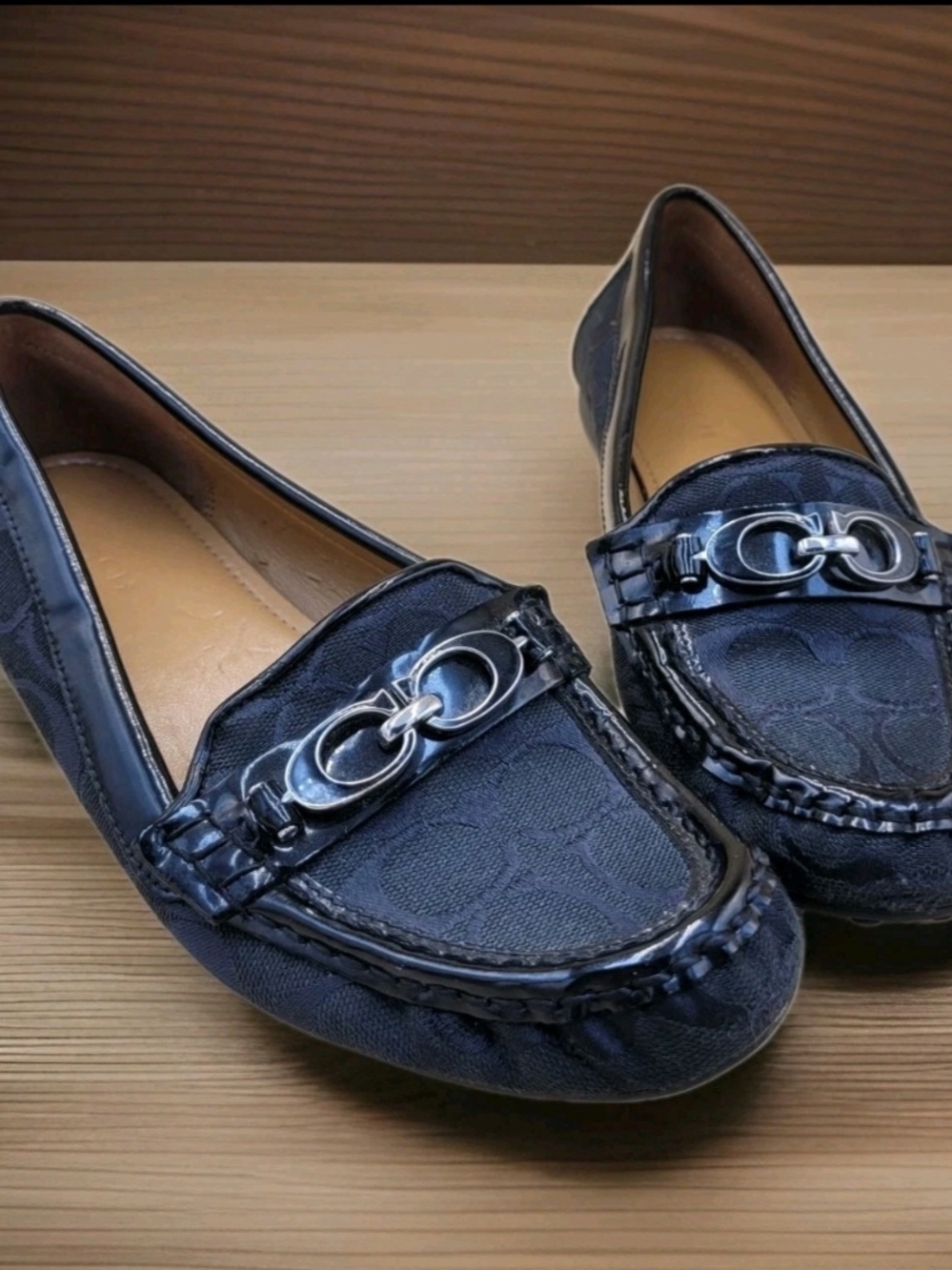 Coach Fortunata signature canvas/patent leather flats Loafers black Silver 6.5B